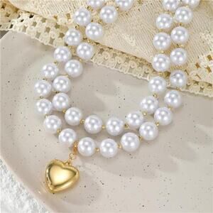 Chunky Pearl + Gold Heart Necklace Large Round Bead Beaded Necklace Layered